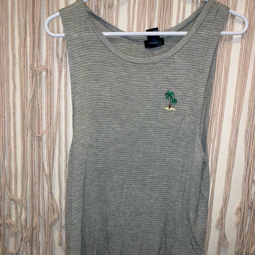 Palm Tree Embroidered Striped Tank Top
